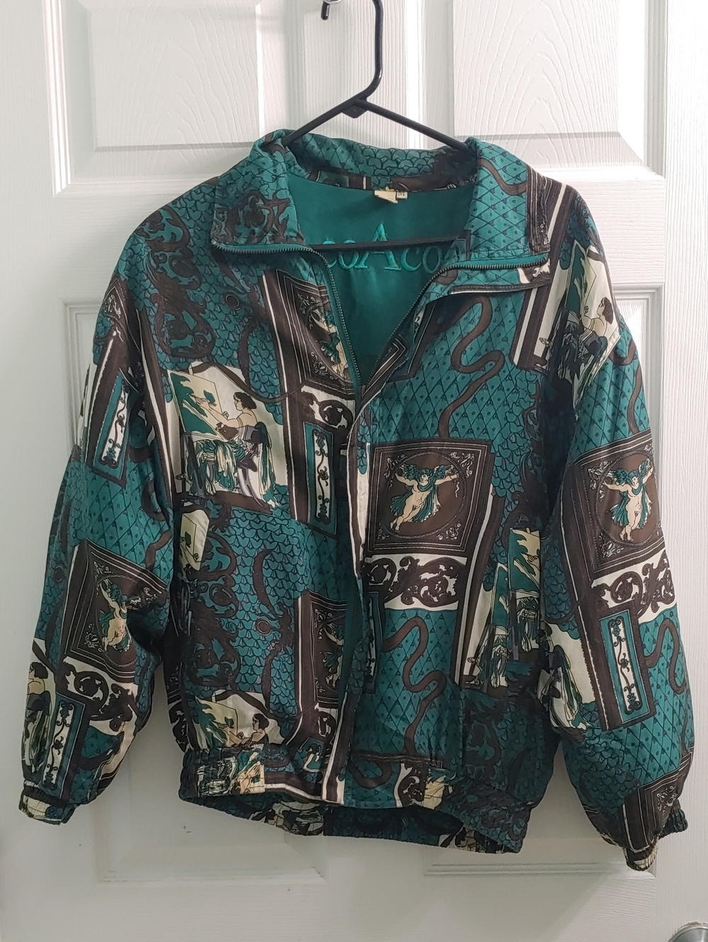 Vintage Coaco Silk Jacket Teal Novelty Print Bomber Women's Size M